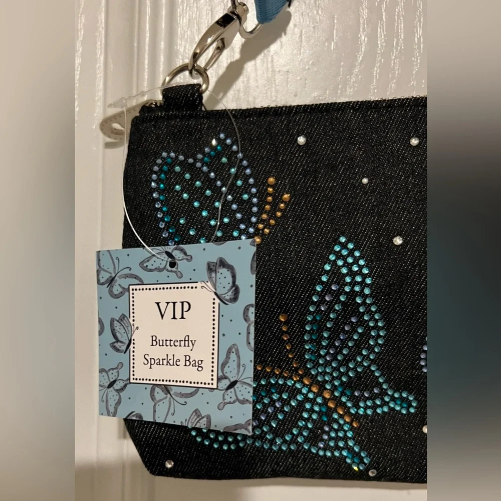 BRIGHTON VIP Sparkle Butterfly Bag Denim Crossbody Stripe Strap NWT - Picture 3 of 12